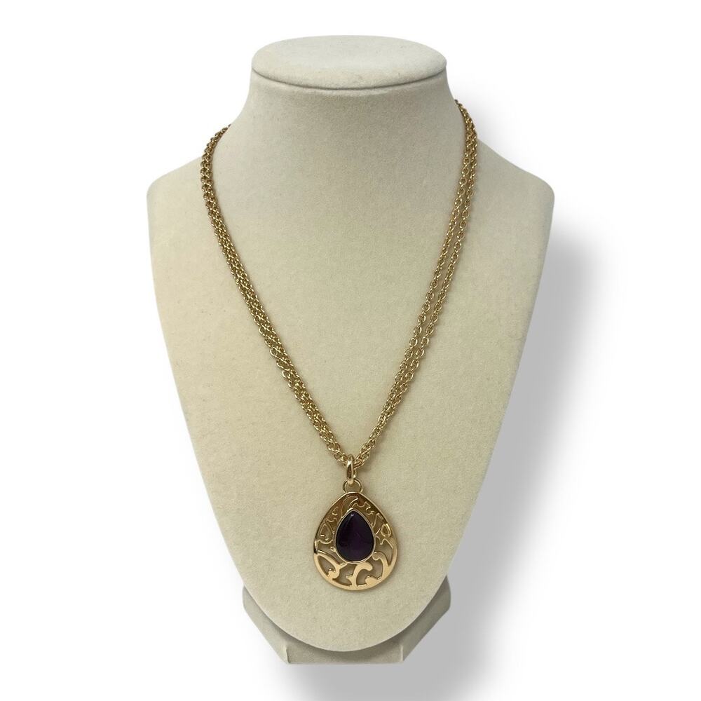 Thalia Sodi Gold Tone Teardrop Pendant Necklace Purple Stone 18” + 3” Extender